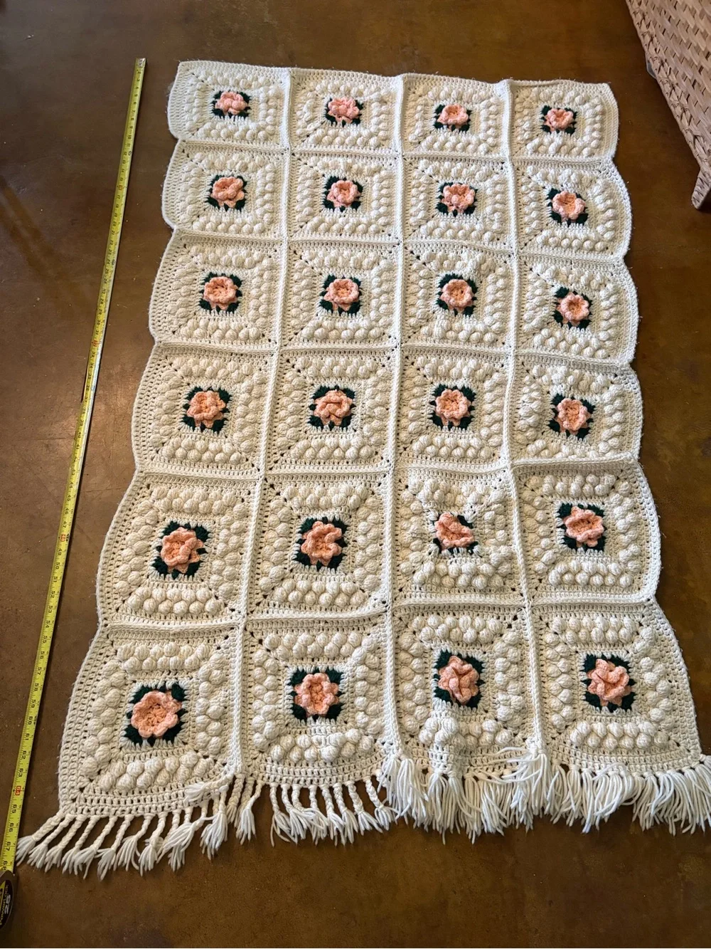 Handmade Cream Crochet Blanket with Peach Floral Squares
